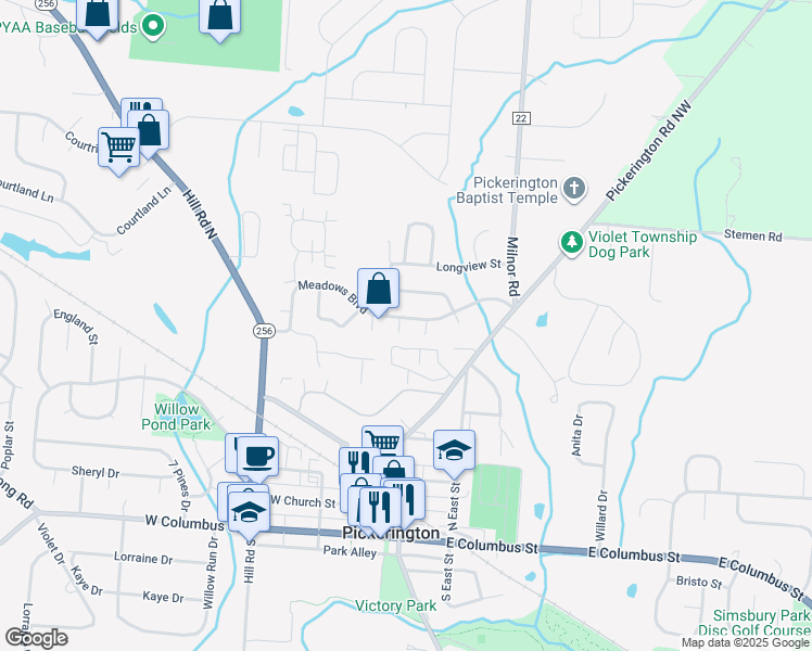 map of restaurants, bars, coffee shops, grocery stores, and more near 435 Meadows Boulevard in Pickerington