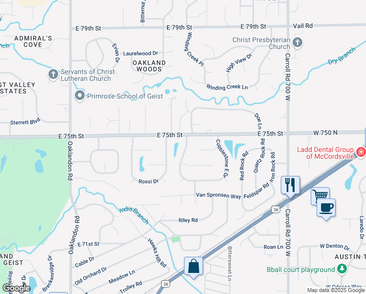 map of restaurants, bars, coffee shops, grocery stores, and more near 7470 Cobblestone West Drive in Indianapolis