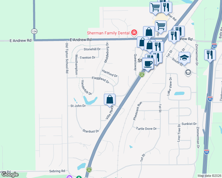 map of restaurants, bars, coffee shops, grocery stores, and more near 500 Wingate Drive in Sherman
