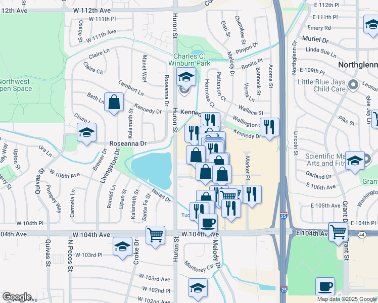map of restaurants, bars, coffee shops, grocery stores, and more near 10648 Huron Street in Northglenn