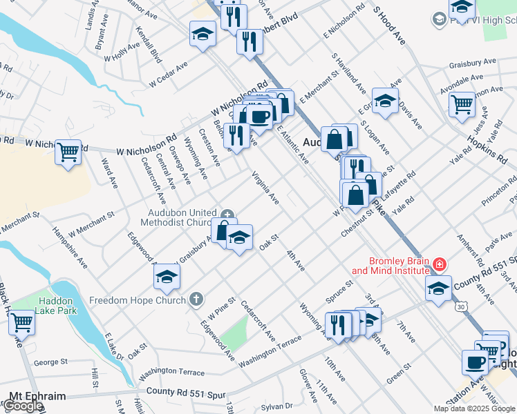 map of restaurants, bars, coffee shops, grocery stores, and more near 200 Virginia Avenue in Audubon