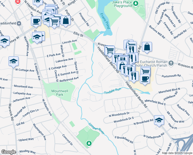 map of restaurants, bars, coffee shops, grocery stores, and more near 179 Tavistock Road in Cherry Hill