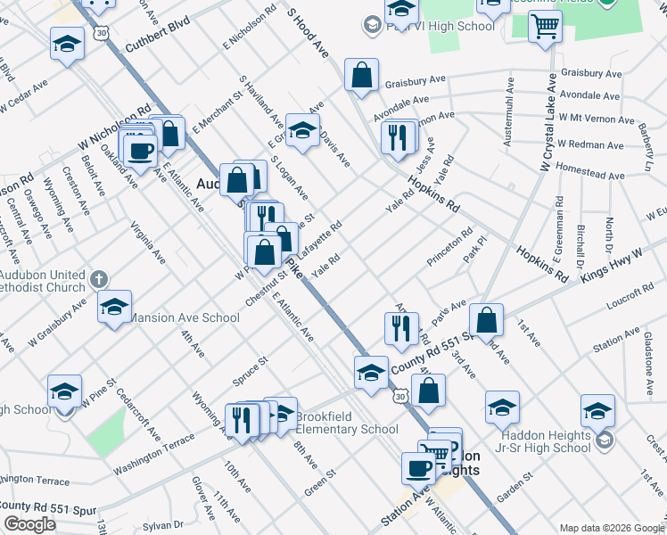 map of restaurants, bars, coffee shops, grocery stores, and more near 33 Yale Road in Audubon