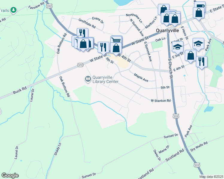 map of restaurants, bars, coffee shops, grocery stores, and more near 222 West Fritz Avenue in Quarryville