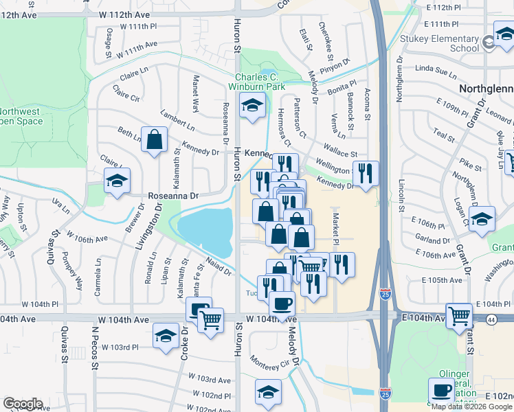 map of restaurants, bars, coffee shops, grocery stores, and more near 10648 Huron Street in Northglenn