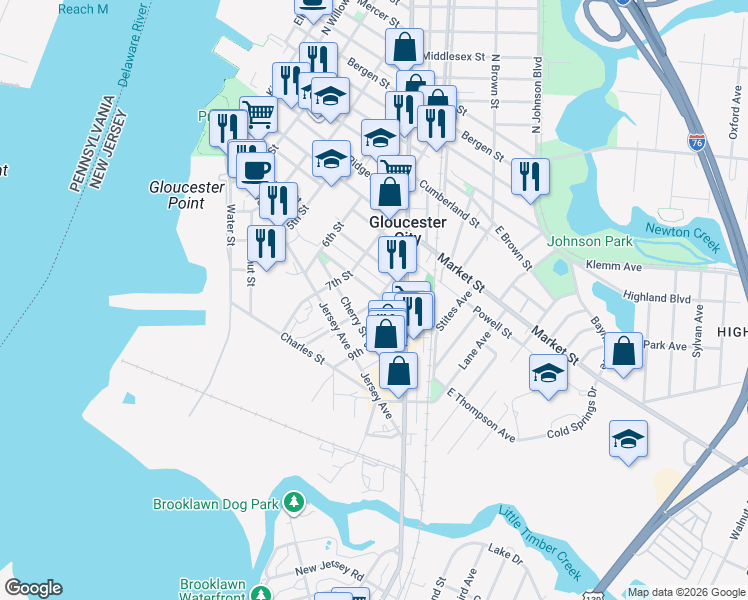 map of restaurants, bars, coffee shops, grocery stores, and more near 741 Division Street in Gloucester City