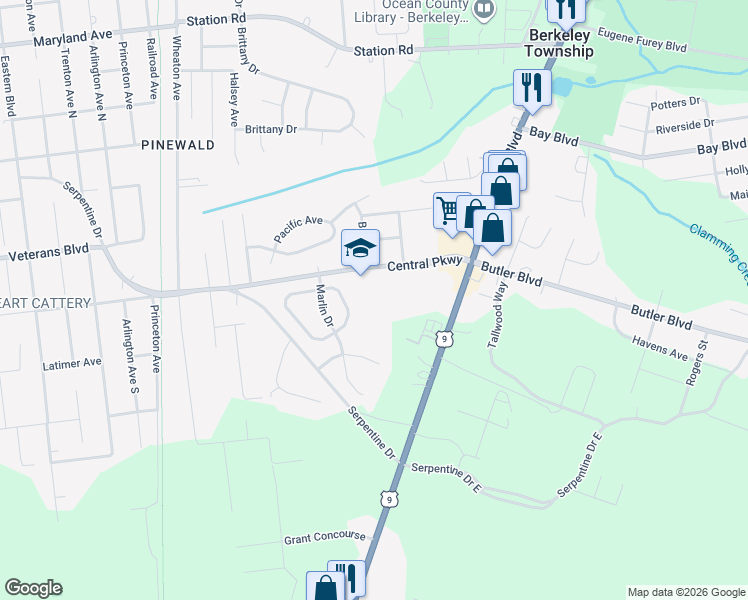 map of restaurants, bars, coffee shops, grocery stores, and more near 57 Central Parkway in Berkeley Township