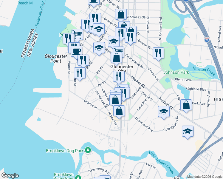map of restaurants, bars, coffee shops, grocery stores, and more near 741 Division Street in Gloucester City