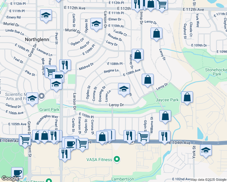 map of restaurants, bars, coffee shops, grocery stores, and more near 10753 Loren Lane in Northglenn