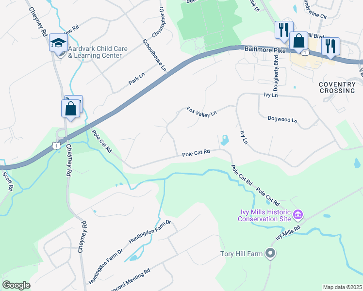 map of restaurants, bars, coffee shops, grocery stores, and more near 132 Fox Valley Lane in Glen Mills