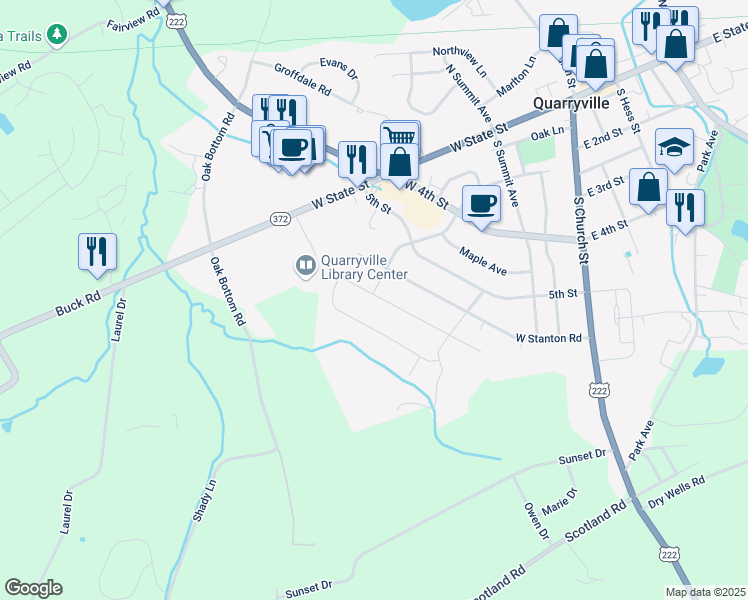 map of restaurants, bars, coffee shops, grocery stores, and more near 342 West Fritz Avenue in Quarryville