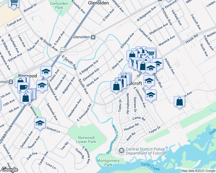 map of restaurants, bars, coffee shops, grocery stores, and more near 2046 Valleyview Drive in Folcroft