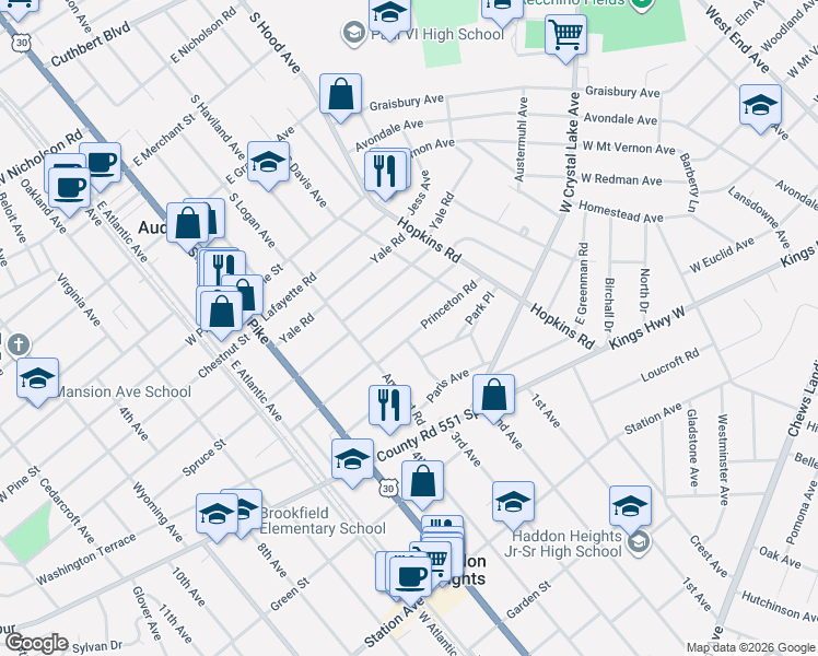 map of restaurants, bars, coffee shops, grocery stores, and more near 171 Princeton Road in Audubon