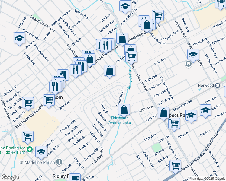 map of restaurants, bars, coffee shops, grocery stores, and more near 725 Michell Street in Ridley Park