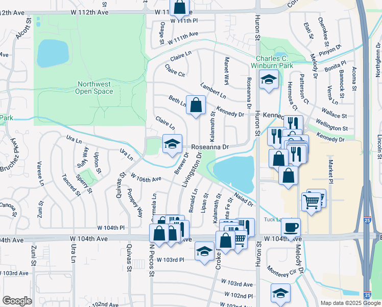 map of restaurants, bars, coffee shops, grocery stores, and more near 10683 Brewer Drive in Northglenn