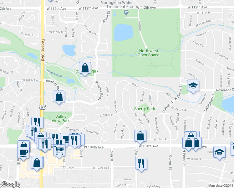 map of restaurants, bars, coffee shops, grocery stores, and more near 10718 Varese Lane in Northglenn