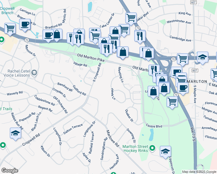 map of restaurants, bars, coffee shops, grocery stores, and more near 875 South Cropwell Road in Evesham