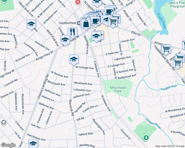 map of restaurants, bars, coffee shops, grocery stores, and more near 10 West Cottage Avenue in Haddonfield