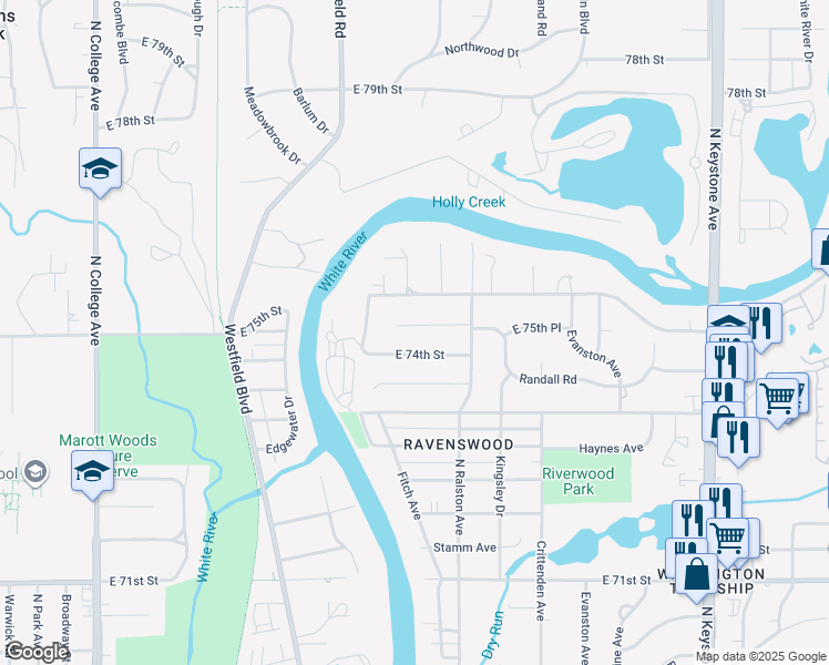 map of restaurants, bars, coffee shops, grocery stores, and more near 1516 Randall Road in Indianapolis