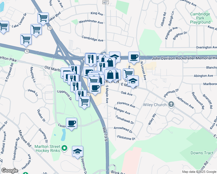 map of restaurants, bars, coffee shops, grocery stores, and more near in Evesham