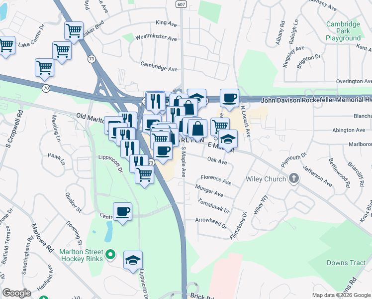 map of restaurants, bars, coffee shops, grocery stores, and more near in Evesham
