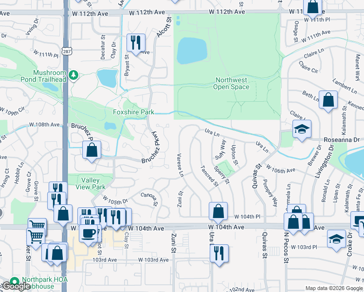 map of restaurants, bars, coffee shops, grocery stores, and more near 10718 Varese Lane in Northglenn