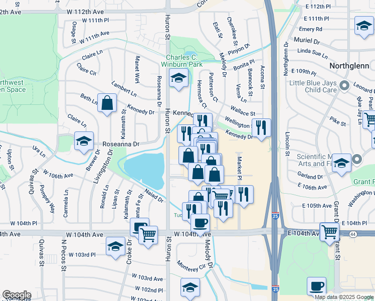 map of restaurants, bars, coffee shops, grocery stores, and more near 10691 Melody Drive in Northglenn