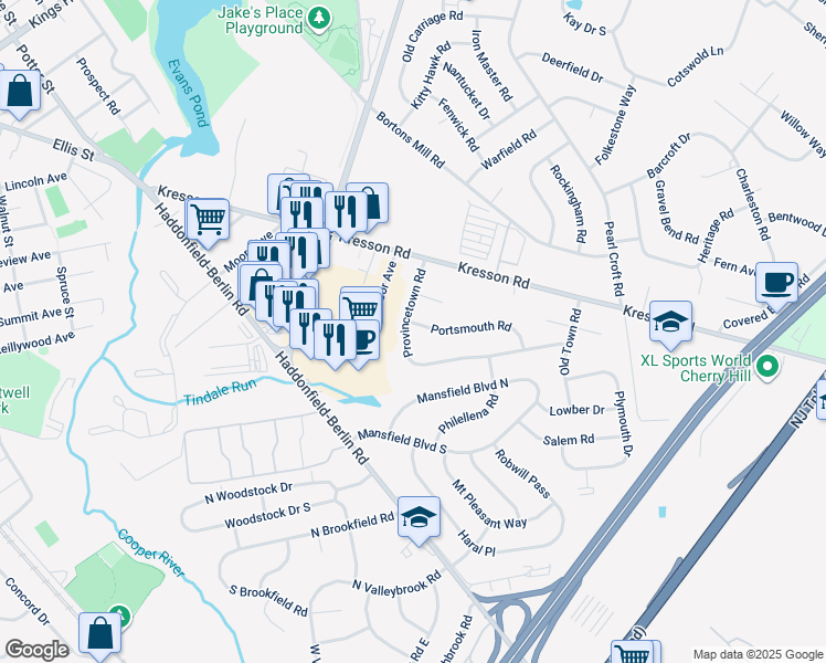 map of restaurants, bars, coffee shops, grocery stores, and more near 300 Portsmouth Road in Cherry Hill