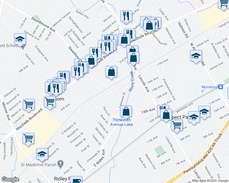 map of restaurants, bars, coffee shops, grocery stores, and more near 725 Michell Street in Ridley Park