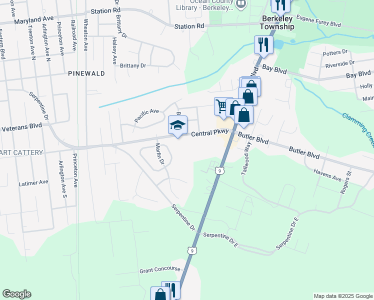 map of restaurants, bars, coffee shops, grocery stores, and more near 57 Central Parkway in Berkeley Township