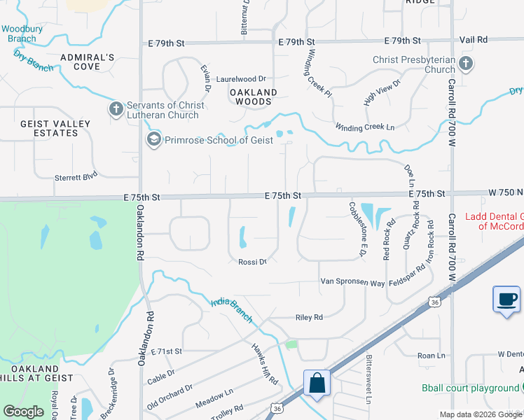 map of restaurants, bars, coffee shops, grocery stores, and more near 12149 East 75th Street in Indianapolis