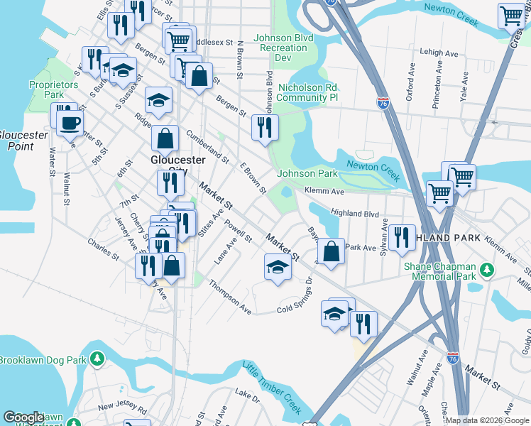 map of restaurants, bars, coffee shops, grocery stores, and more near 905 Ridgeway Street in Gloucester City