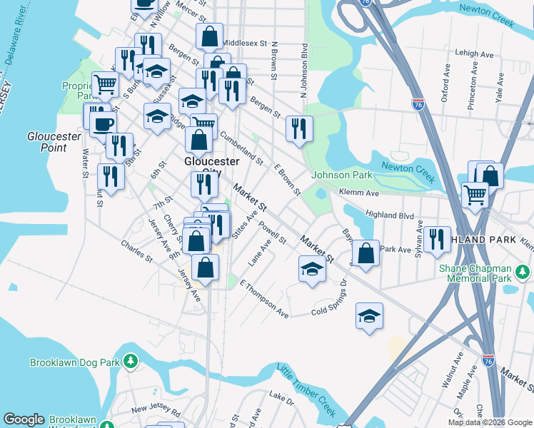 map of restaurants, bars, coffee shops, grocery stores, and more near 870 Market Street in Gloucester City