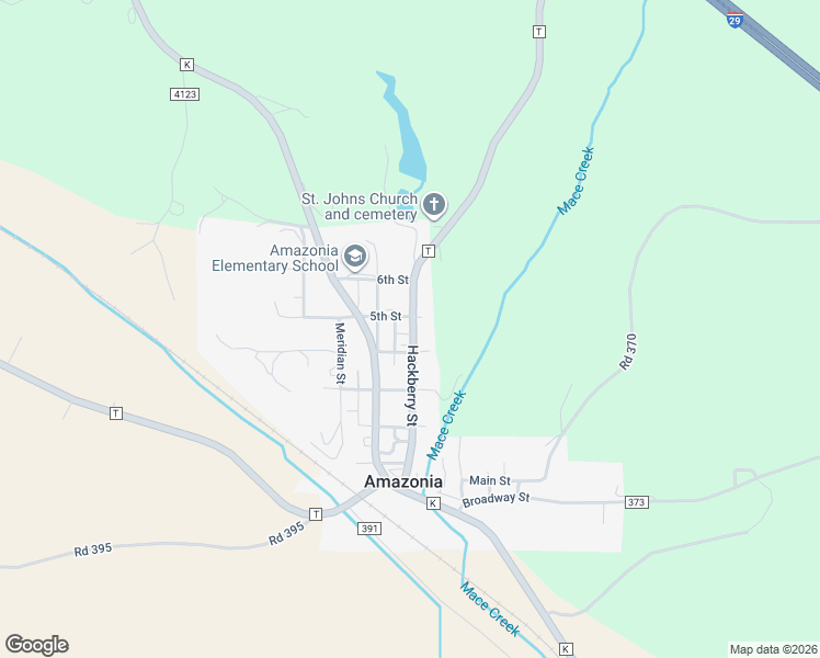 map of restaurants, bars, coffee shops, grocery stores, and more near Interstate 29 in Amazonia