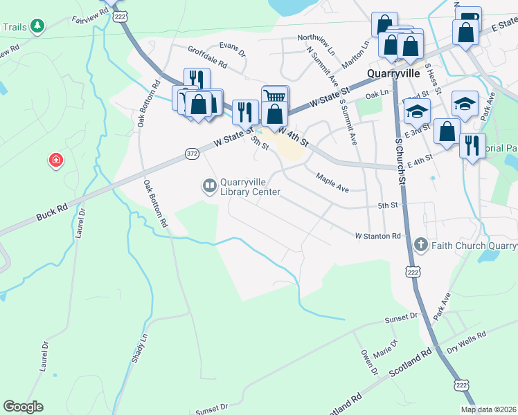 map of restaurants, bars, coffee shops, grocery stores, and more near 341 West Fritz Avenue in Quarryville