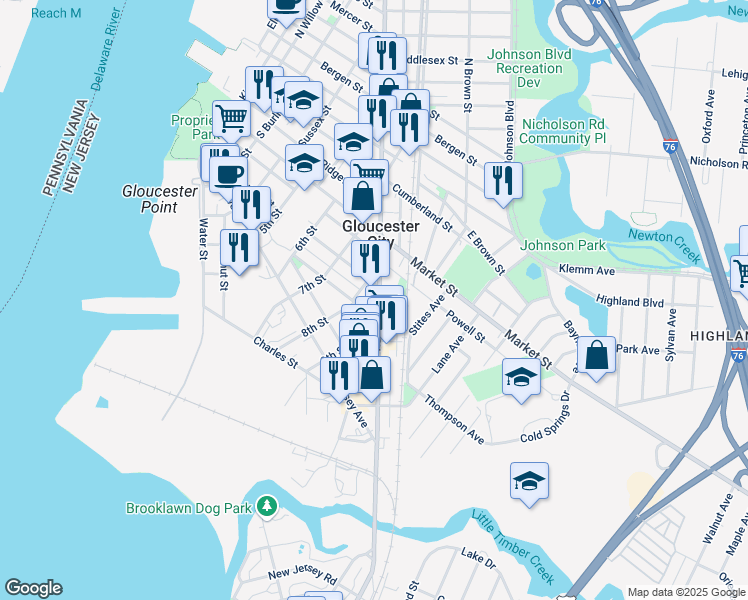 map of restaurants, bars, coffee shops, grocery stores, and more near 300 South Broadway in Gloucester City