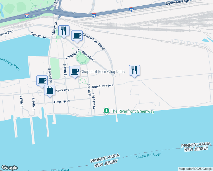 map of restaurants, bars, coffee shops, grocery stores, and more near Kitty Hawk Avenue in Philadelphia