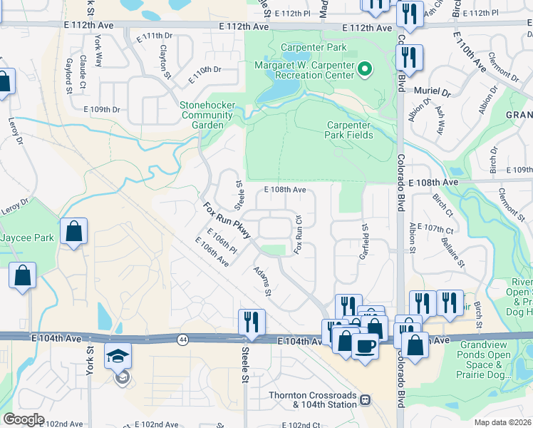 map of restaurants, bars, coffee shops, grocery stores, and more near 10739 Adams Street in Northglenn