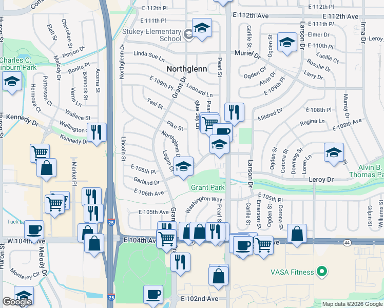 map of restaurants, bars, coffee shops, grocery stores, and more near 10731 Blue Jay Lane in Northglenn