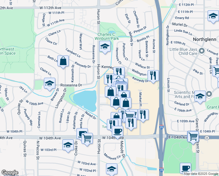 map of restaurants, bars, coffee shops, grocery stores, and more near 10648 Huron Street in Northglenn
