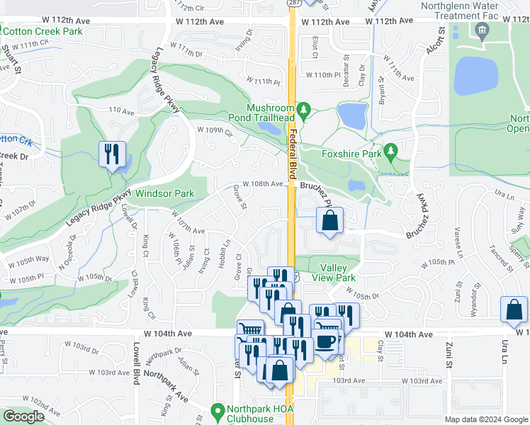 map of restaurants, bars, coffee shops, grocery stores, and more near 3023 West 107th Place in Westminster
