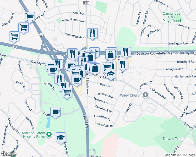 map of restaurants, bars, coffee shops, grocery stores, and more near 29 East Main Street in Evesham Township