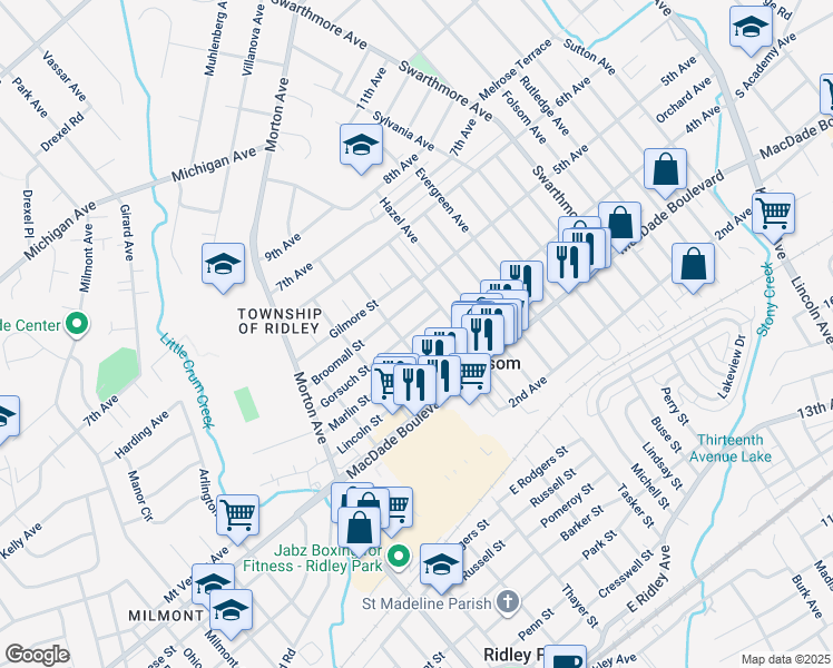 map of restaurants, bars, coffee shops, grocery stores, and more near Spruce Street in Philadelphia