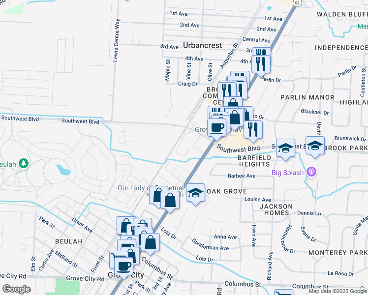 map of restaurants, bars, coffee shops, grocery stores, and more near 3575 Broadway in Grove City