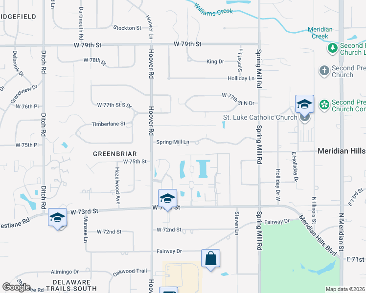map of restaurants, bars, coffee shops, grocery stores, and more near 727 Spring Mill Lane in Indianapolis