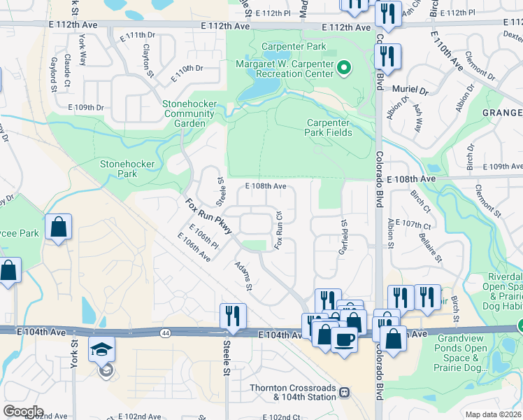 map of restaurants, bars, coffee shops, grocery stores, and more near 10711 Cook Street in Northglenn
