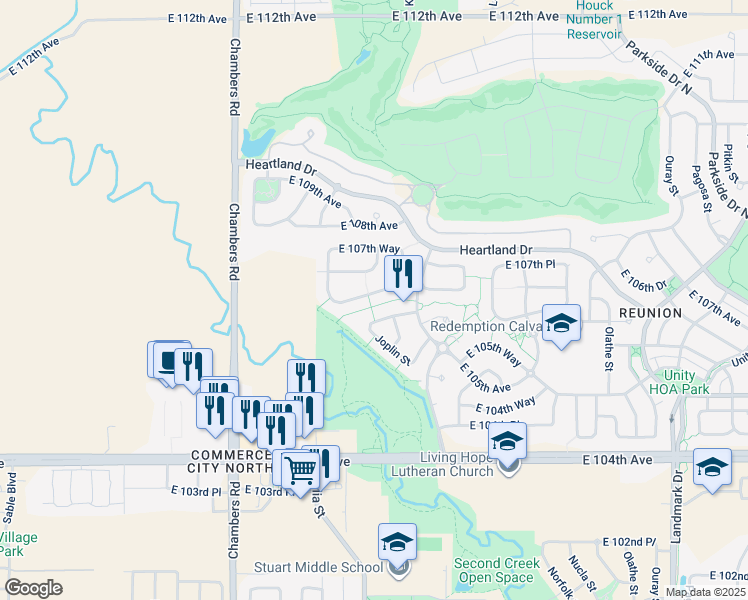 map of restaurants, bars, coffee shops, grocery stores, and more near 15812 East 107th Avenue in Commerce City
