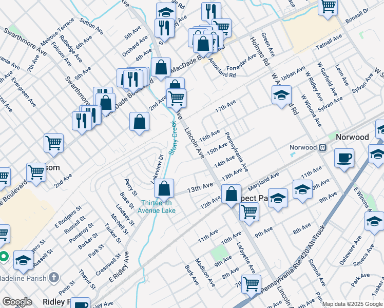 map of restaurants, bars, coffee shops, grocery stores, and more near 1511 Carlisle Avenue in Prospect Park