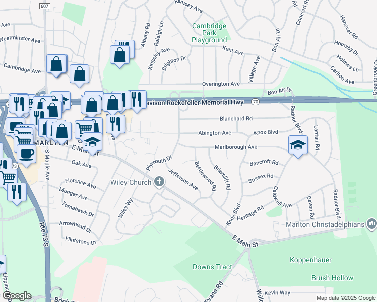 map of restaurants, bars, coffee shops, grocery stores, and more near 11 Marlborough Avenue in Evesham