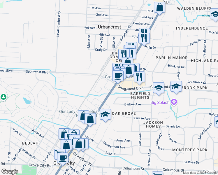 map of restaurants, bars, coffee shops, grocery stores, and more near 3575 Broadway in Grove City